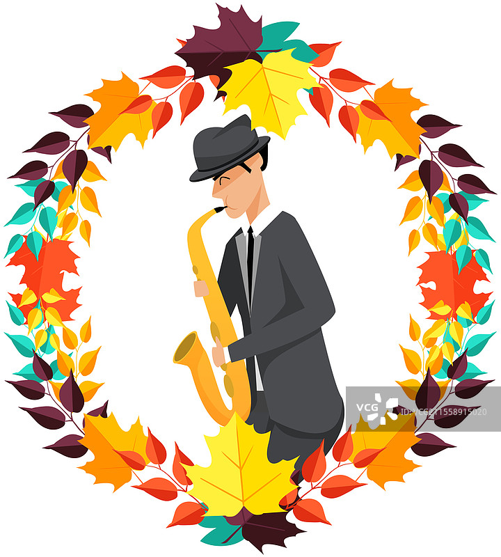 身穿西装的爵士乐手在白色背景下演奏萨克斯ophone。萨克斯演奏者在吹奏乐器，爵士乐团音乐会。身穿服装的爵士乐手手持萨克斯ophone。图片素材