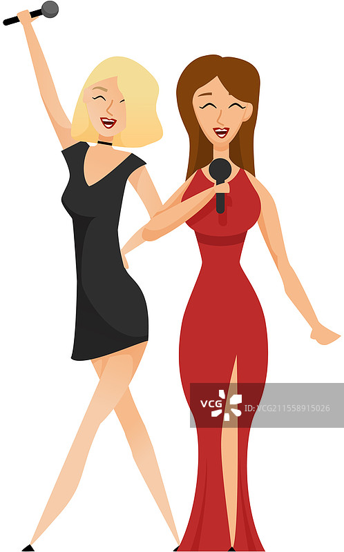 年轻漂亮的女孩站着对着麦克风唱歌，主持人正在进行节目。爱好或专业活动的舞台表演，歌手在音乐会上唱歌，卡拉OK派对。年轻漂亮的女孩站着对着麦克风唱歌，主持人正在进行节目。图片素材