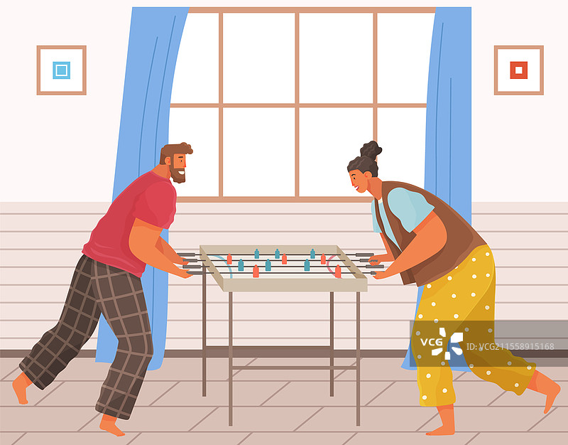 人们在家或工作时享受乐趣。朋友们在踢桌上足球比赛。一对男女在办公室放松，享受桌游的快乐时光。人物们在闲暇时间娱乐，进行足球比赛。男女在家或工作时享受乐趣。朋友们在踢桌上足球比赛，进行足球游戏。图片素材