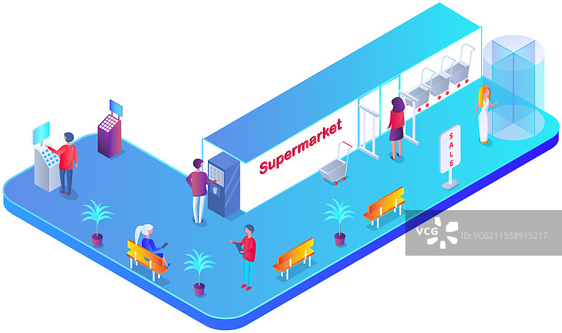 购物中心内部场景，设有休息区和长椅、自动取款机、货币终端和自动售货机。银行客户室内部。购物中心的访客在休息，进行货币交易。图片素材