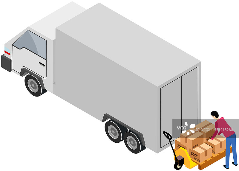 运输服务和货运卡车，装载机正在装载包裹箱，送货车，工业汽车，装载货物的汽车，邮政物流或仓库快递，商业运输。运输服务和货运卡车，装载机正在装载包裹箱，送货车。图片素材
