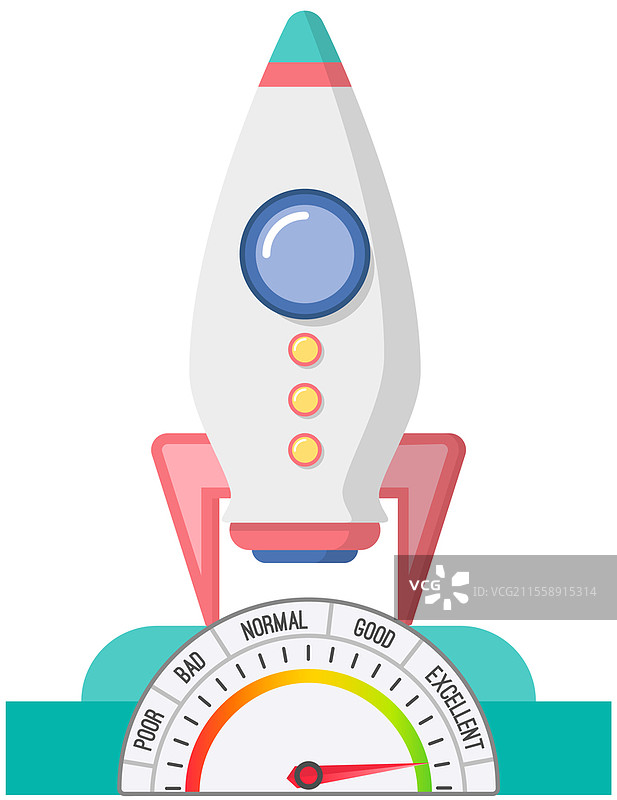 火箭以高速喷气速度升空。矢量插图中的宇宙飞船和速度计平面设计。火箭发射和火焰，宇宙飞船启动，航天器起飞卡通开发图标。火箭以高速喷气速度升空。矢量宇宙飞船和速度计平面设计。图片素材