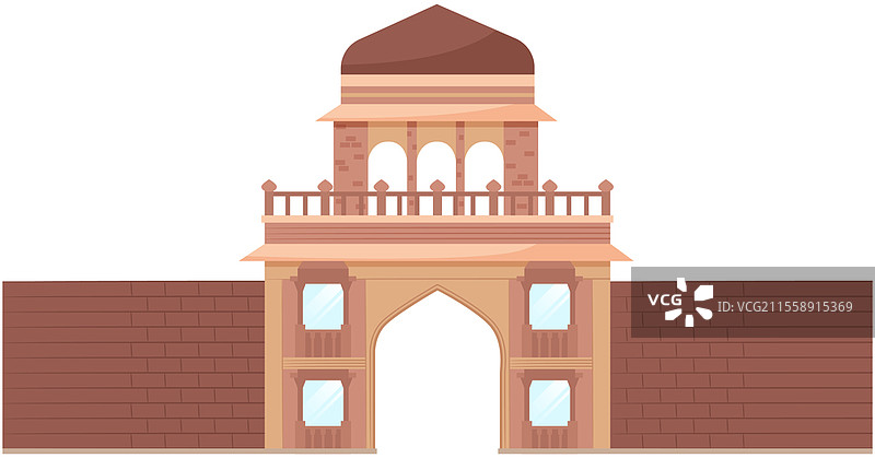 印度宫殿的入口，平面插图，米色和棕色，独立于白色背景。亚洲拱门，带有马赛克和灯笼。中东建筑元素。古老的城门，城堡。图片素材