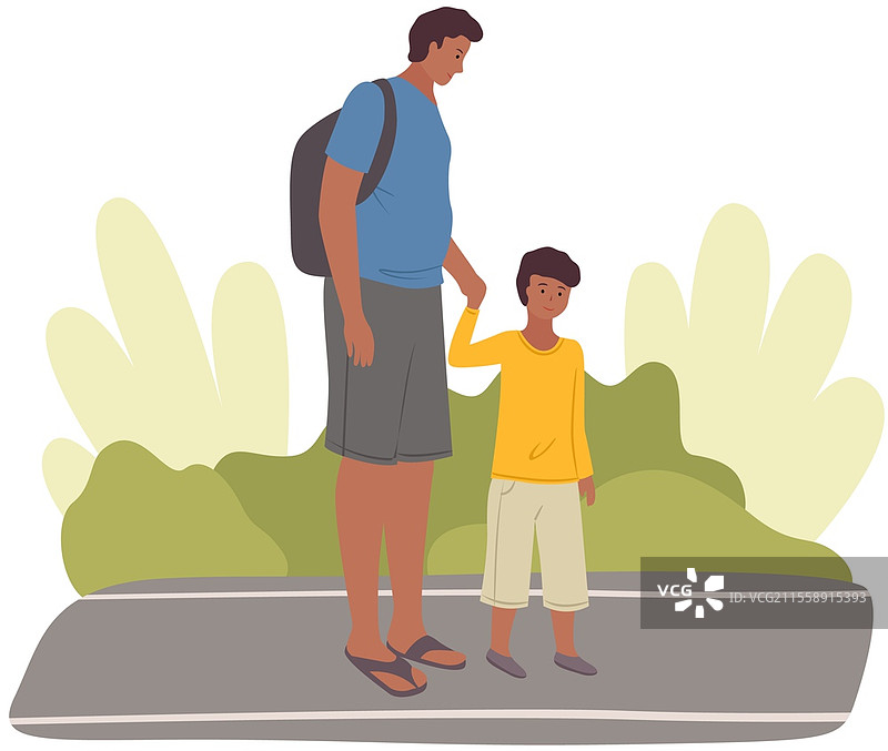 爸爸牵着儿子的手。全家在城市公园一起散步的场景。父母和孩子们，户外活动的概念。矢量孤立的人物角色在户外。家庭休闲。男人和他的儿子站在一起。全家一起散步。爸爸和儿子的休闲活动。父母和孩子们，户外活动。图片素材
