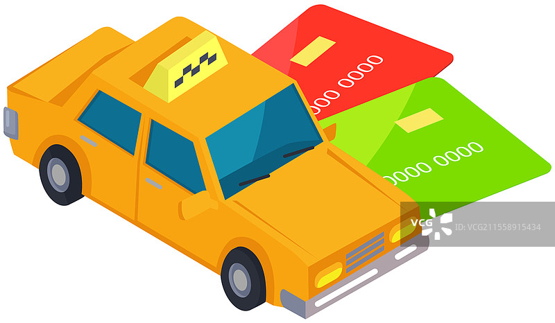 无接触支付出租车服务。信用卡或借记卡上的黄色汽车矢量插图。用于叫车应用程序的设计元素。出租车汽车、车辆和支付。出租车服务的支付，叫车服务。信用卡或借记卡上的黄色汽车。图片素材
