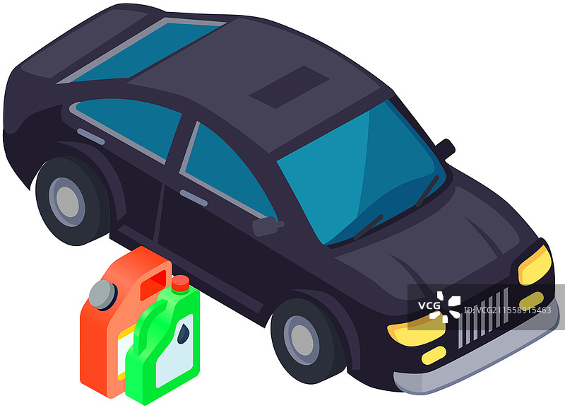 汽车旁边的燃料罐，汽油或机油容器。为汽车加油，确保车辆正常运行。昂贵的高档汽车加油，使用汽油。高质量的汽车燃料。汽车旁边的燃料罐，汽油或机油容器。为汽车加油，使用汽油。图片素材