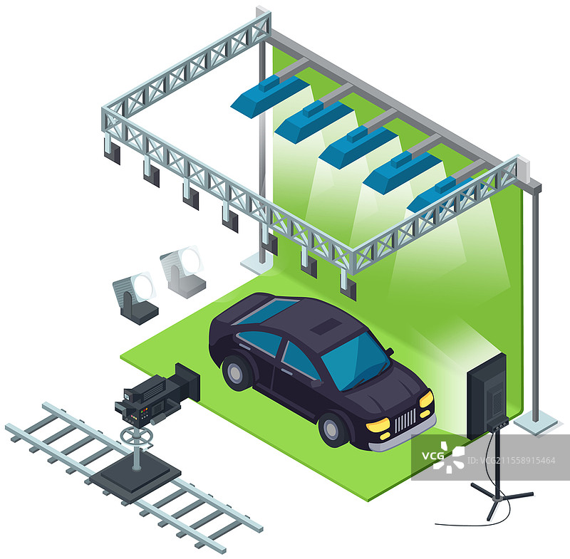 黑色汽车在摄影或电影工作室的绿色背景幕布上。绿色背景和灯光用于电影拍摄。带有聚光灯和汽车的色键设置。使用车辆进行拍摄，交通工具。图片素材