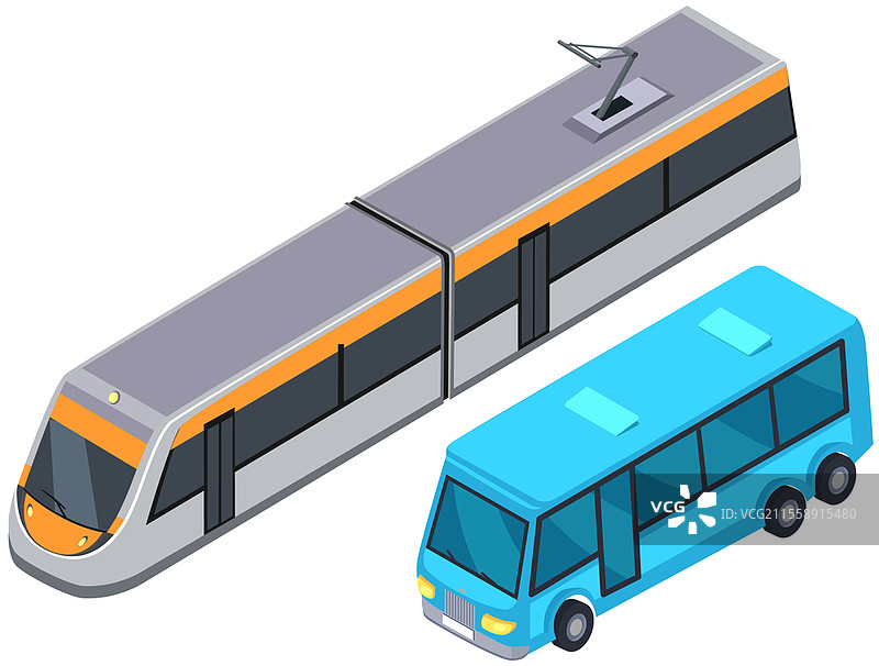 用于运送乘客的公路和地铁车辆。蓝色公交车和长途列车用于在城镇内运输人群。城市公共交通工具，公交车和地铁列车用于城市运输。用于运送乘客的公路和地铁车辆。蓝色公交车和长途列车用于运输人群。图片素材