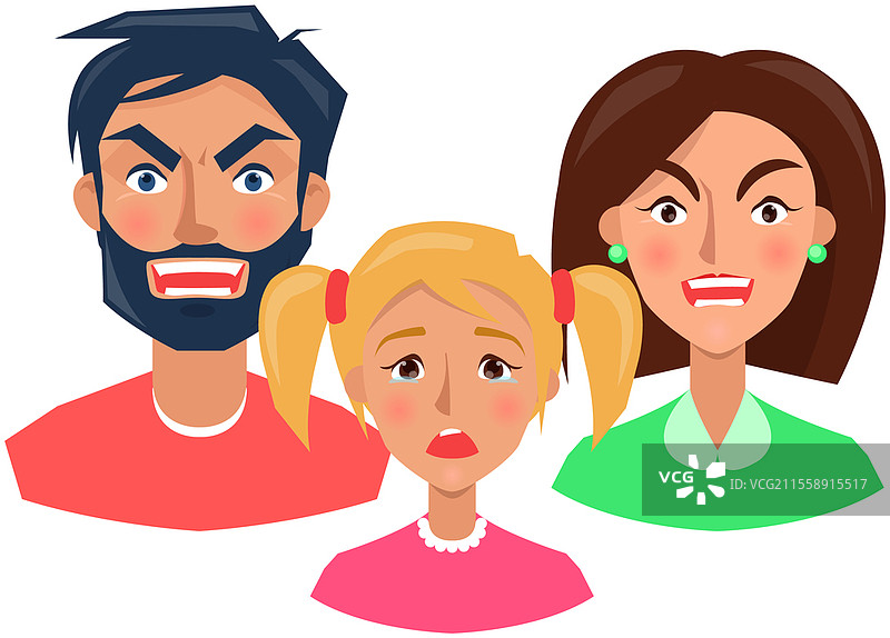 人们的负面面部表情。愤怒情绪的卡通角色。表达人类情感的概念。沮丧、失落的面孔集合。沮丧的男人、女人和孩子的矢量插图。人们的沮丧、失落面孔集合。愤怒、愤慨情绪的卡通角色。图片素材