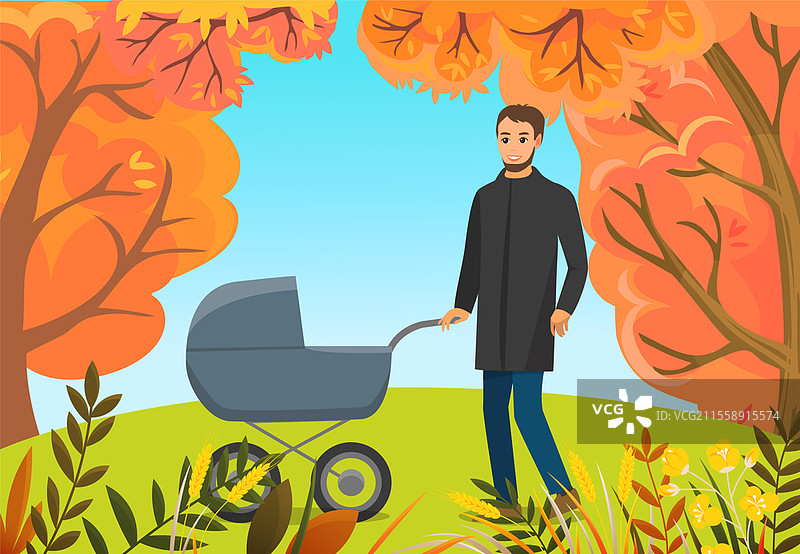 帅气的男人推着婴儿车在秋季城市公园散步。父亲与婴儿一起享受健康的生活方式，户外休闲和闲暇时光。图片素材