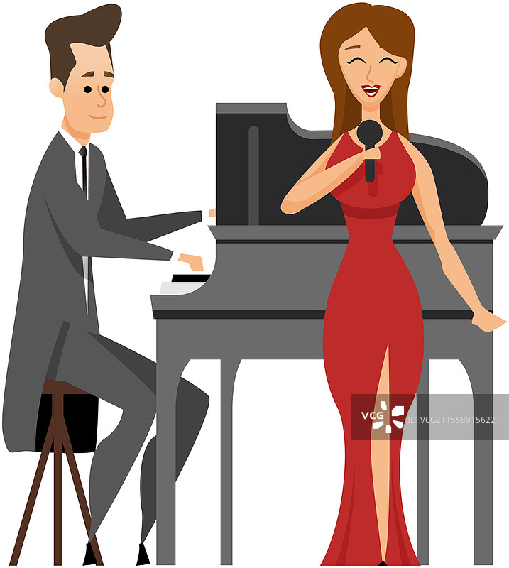 歌剧歌手和钢琴家在舞台上的钢琴前。音乐厅演出平面色彩插图。美妙歌曲的晚会。优雅的古典音乐表演艺术家。首演，声乐家的协奏曲。歌剧歌手和钢琴家在舞台上的钢琴前。美妙歌曲的晚会，古典艺术。图片素材