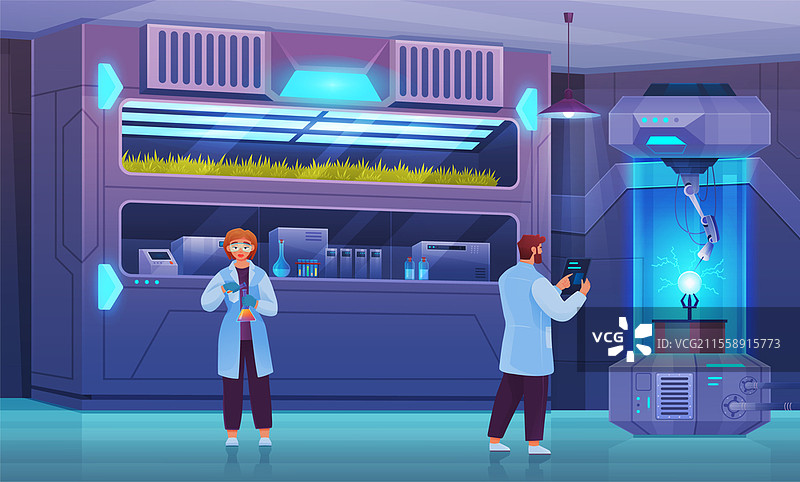 实验室助理生物学家探索植物育种和农业遗传学的新方法。植物在密封的环境中生长。有机实验室科学家测试植物质量，绿色技术。实验室助理生物学家探索植物育种和农业遗传学的新方法。图片素材