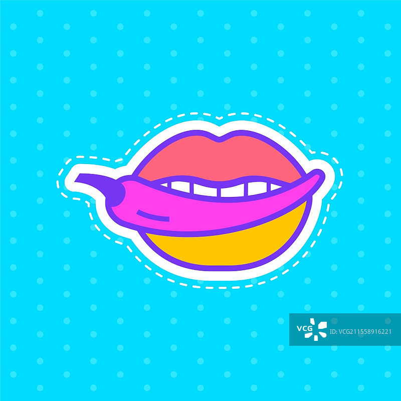 性感的嘴唇与辣椒，张开的嘴里有热辣椒，波普艺术风格的贴纸。性感的撅嘴，女性美丽的嘴巴，贴纸。图片素材