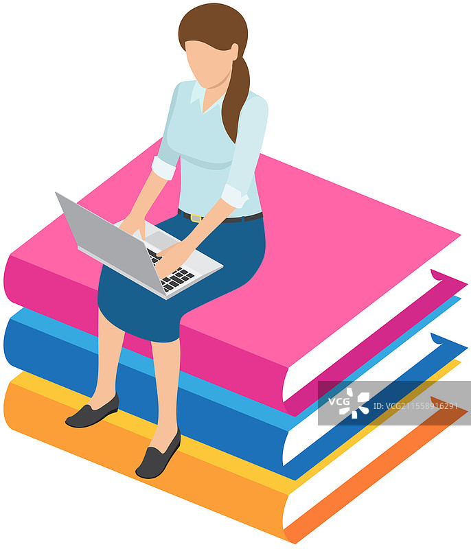 自我教育，女孩在阅读书籍，学习并获得新知识。学生坐在一堆教科书上。在线课程、远程学习、自我教育、数字图书馆、电子学习的概念。自我教育，女孩在阅读书籍，学习并获得新知识。数字图书馆中的女学生。图片素材