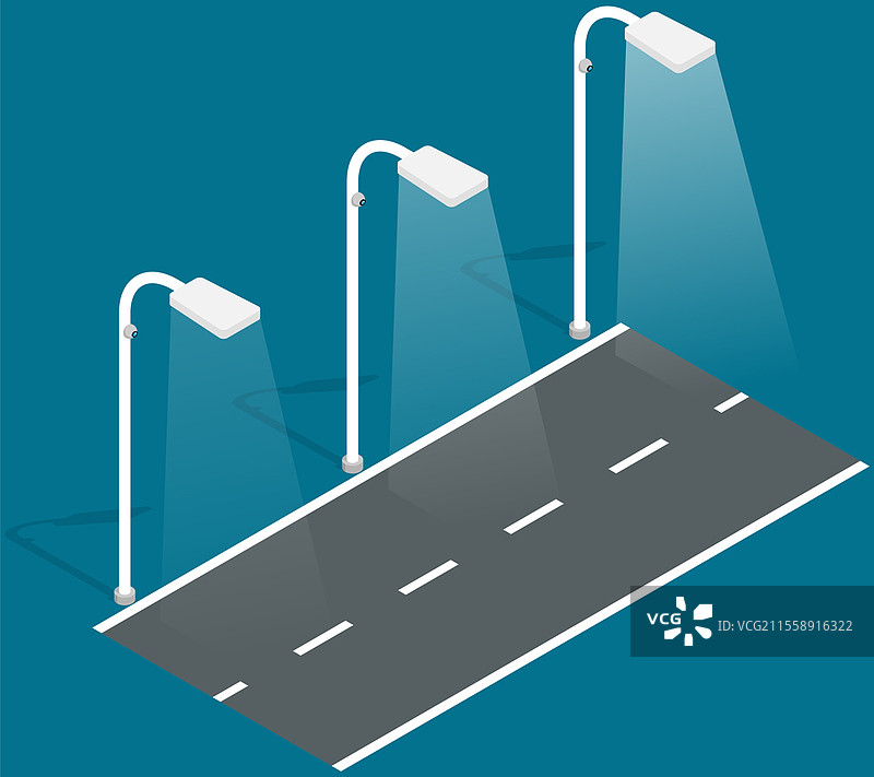 黑暗背景下的路灯灯柱，带有聚光灯。简单的城市夜间街灯照亮道路。现代城镇基础设施概念。城市建筑，高大的能源来源，电力设备。图片素材