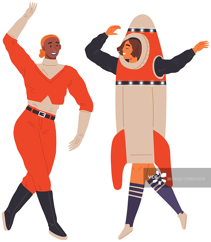 宇航风格的生日派对上的动画师。主题派对中的服装。穿着服装的人们在太空派对上尽情欢舞。角色们穿着自制的服装，周围是宇宙天体，太空迪斯科。宇航风格的生日派对上的动画师。主题派对中的服装。穿着服装的人们在太空派对上尽情欢舞。图片素材