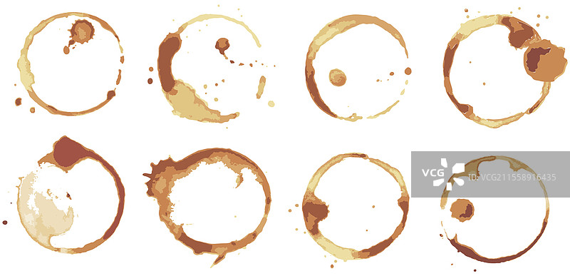 咖啡或茶渍套装，杯子、马克杯和水滴的溅洒。高质量的抽象形状，适用于菜单、酒吧、咖啡馆和餐厅。墨水、颜料或其他液体杯渍。饮料的杯子痕迹矢量图。咖啡或茶渍套装，杯子的溅洒，水滴。饮料的杯子痕迹抽象圆形。图片素材
