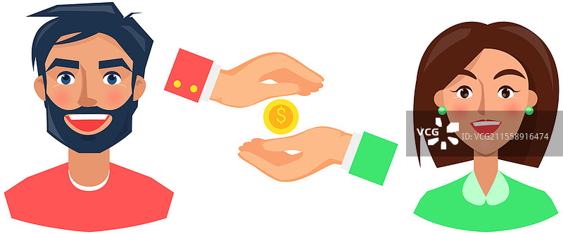 手握金色硬币。资金积累，金融投资概念。人手之间的便士硬币。人们享受金钱，利润增长。快乐的男女面带积极的表情。人手之间的便士，金色硬币。快乐的人们享受金钱，利润增长的积极面孔。图片素材