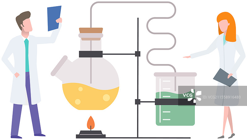 科学家使用设备进行实验室分析。教育、化学、科学的理念。生物学家进行科学实验，使用烧瓶中的液体进行化学研究的矢量插图。科学家使用设备进行实验室分析。生物学家进行实验和研究。图片素材