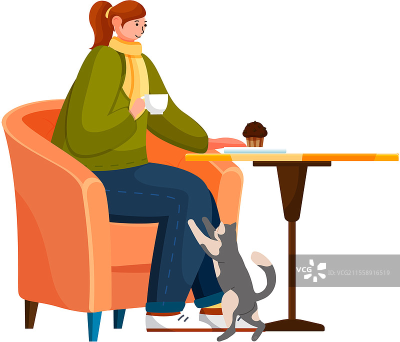 年轻女性在街头咖啡馆的扶手椅上抱着猫。女主人在餐厅里与宠物共度时光，关爱动物，享受与宠物的共同活动。女孩与小猫在户外度过时光。图片素材