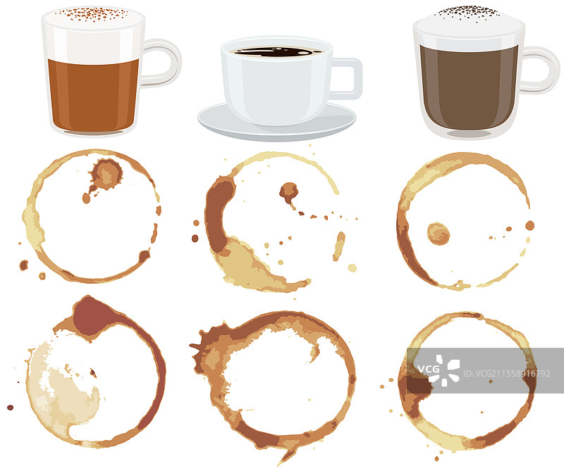 咖啡或茶的污渍、溅落和滴落在热饮杯附近。高质量的抽象纹理，适用于菜单、酒吧、咖啡馆和餐厅。墨水、油漆或其他液体污渍以及一杯卡布奇诺咖啡。污渍、溅落和滴落在热饮杯附近。卡布奇诺咖啡杯旁的抽象纹理。图片素材