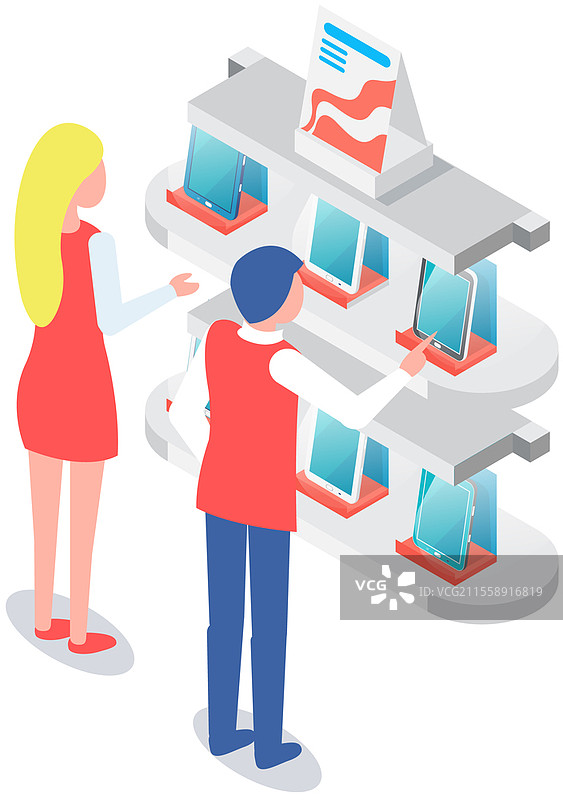 人们在展会上选择智能手机或平板电脑。等距构图，顾客在促销展台附近。新技术和小工具的展示，展览架的矢量插图。人们选择智能手机或平板电脑。等距构图，顾客在促销展台附近。图片素材