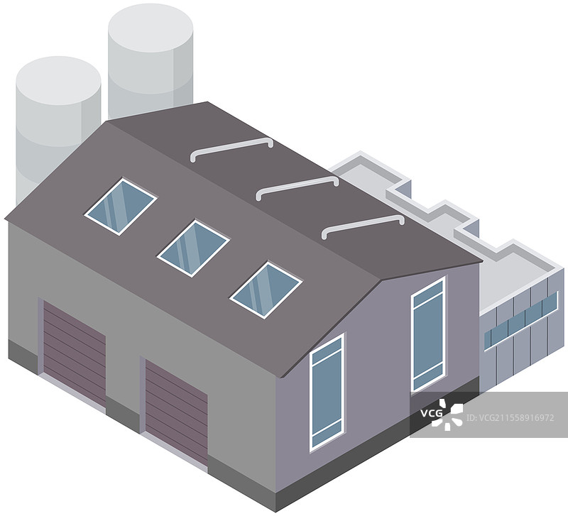 乡村别墅、度假屋、小型小屋。灰色外立面、屋顶窗户、内置车库，建筑行业，适合居住和放松的紧凑型度假住宅。带露台的家庭住宅，独立于白色背景。乡村别墅、度假屋、小型小屋。灰色外立面、屋顶窗户、内置车库，建筑行业。图片素材