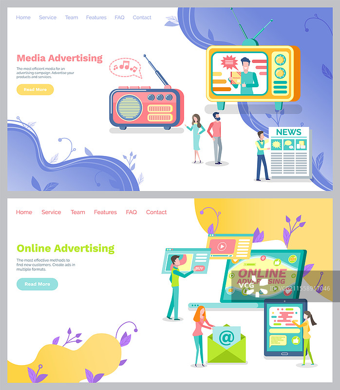 市场营销团队探索客户基础。吸引客户，正确的营销概念。成功商业发展的工具。社交媒体在线广告的网站模板套件。社交媒体在线广告的网站模板套件。吸引客户，正确的营销。图片素材