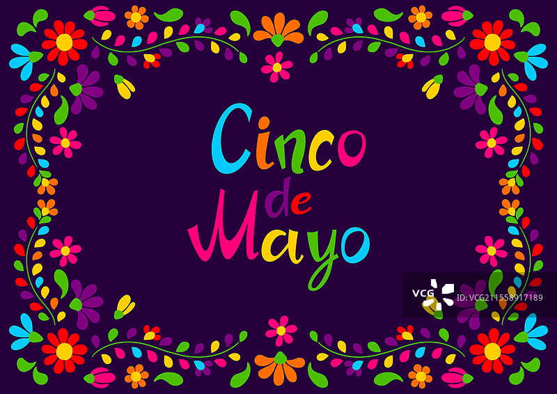 五月五日的花卉刺绣。墨西哥传统的鲜花和叶子的装饰。图片素材