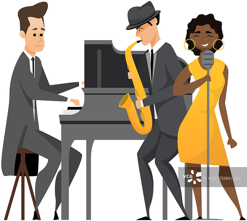 多元化的爵士乐队，黑人女性卡通歌手。乐队成员在舞台上演奏乐器。演奏萨克斯风、钢琴。爱好与职业，舞台艺术家，音乐会。多元化的爵士乐队，黑人女性歌手。乐队成员在乐器上演奏。图片素材
