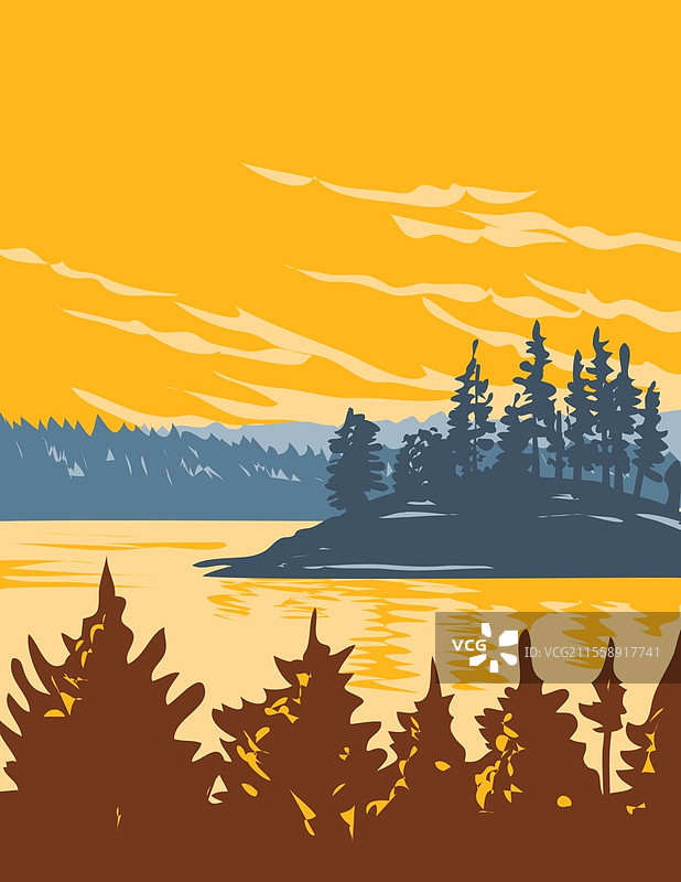 不列颠哥伦比亚省加尔夫群岛国家公园保护区的WPA海报艺术，位于加尔夫群岛及其周边地区。图片素材