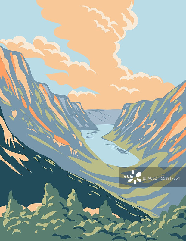 阿卡米-乌阿皮什库-卡克萨克梅利山国家公园保护区的WPA海报艺术，位于加拿大纽芬兰和拉布拉多省的拉布拉多地区。图片素材