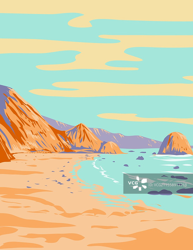 加州马林县点雷耶斯半岛的点雷耶斯国家海岸的WPA海报艺术。图片素材