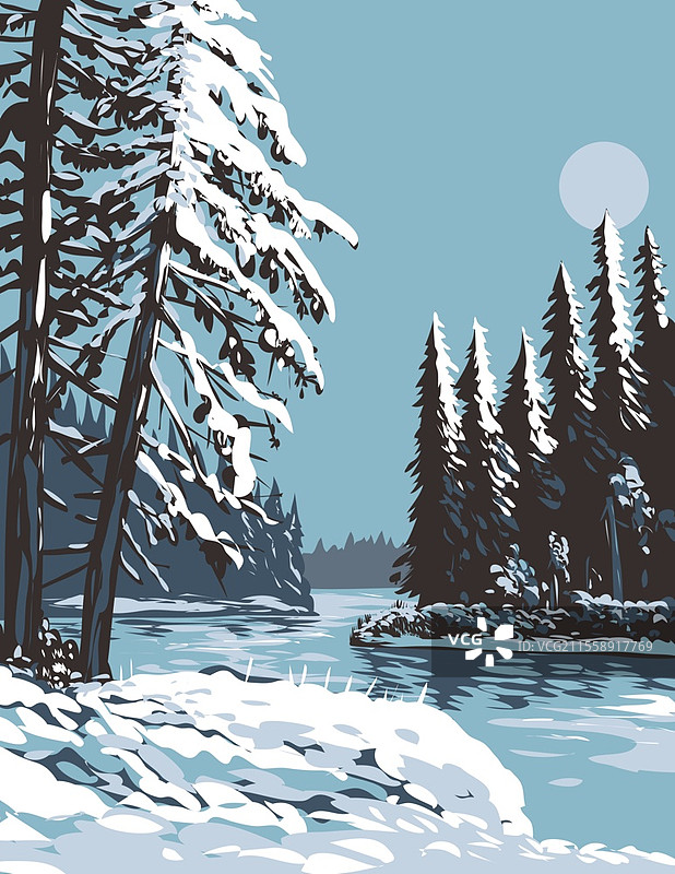 加拿大萨斯喀彻温省阿尔伯特王子国家公园的瓦斯基苏湖冬季黄昏的WPA海报艺术。图片素材