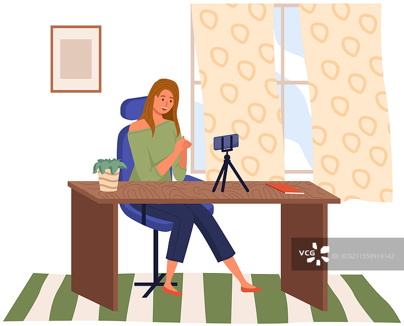 办公室内的女播客角色。女孩在直播中使用智能手机和笔记本电脑收听音频播客并进行讲述。播客制作、博主、科技概念。办公室内的女播客角色。女孩在收听音频播客。图片素材