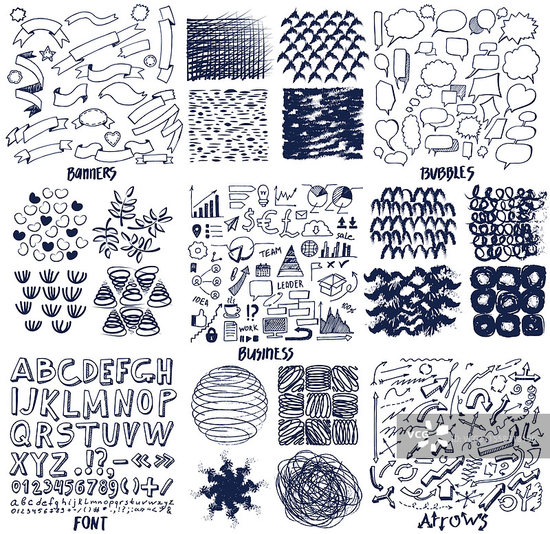 手绘涂鸦抽象图案，黑白风格，纹理背景。各种形状的图案，现代纺织面料。壁纸、包装纸设计，曲线图案系列。手绘涂鸦抽象图案，黑白风格，纹理背景。各种形状的图案。图片素材