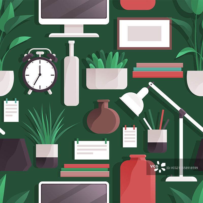 无缝图案，室内设计各种物品的组合，适用于客厅、办公室和公寓家具。现代家庭办公室工作场所的设计。创意办公室工作空间设备，适用于房间内部设计。客厅或办公室及公寓家具的各种室内设计物品组合。图片素材