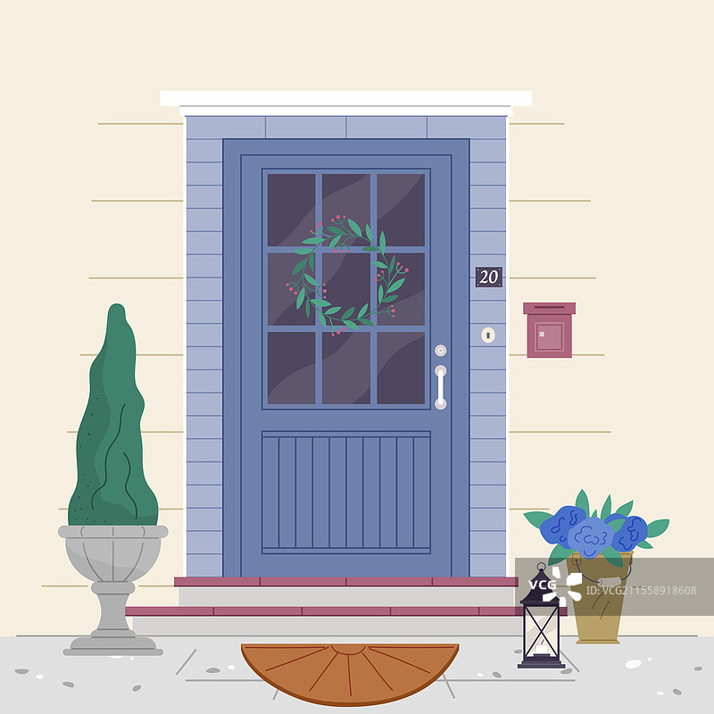房屋外立面的门口。街道正面视图。封闭的家居入口外观，配有盆栽花卉、灯具和门牌号码。门廊外立面。公寓入口带有绿色装饰。房屋外立面的门口。街道正面视图。封闭的家居入口外观，配有盆栽植物。图片素材