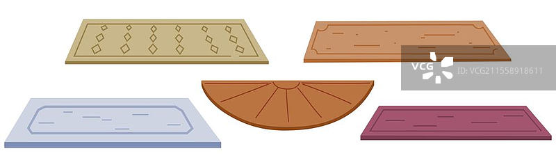 门垫图标集卡通矢量。办公室地板。空间地毯。房屋门槛。家居装饰元素，正面视图。不同形状和颜色的地毯。入口或走廊的装饰元素。门垫图标集卡通矢量。办公室地板。房屋门槛。家居装饰元素，正面视图。图片素材