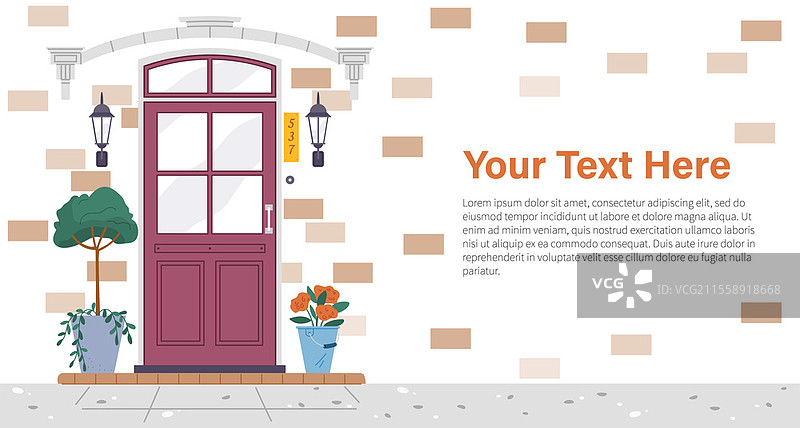 房屋外立面的门口。街道正面的视角。封闭的家居入口外观，配有盆栽花卉、灯具和门牌号码。门廊外观。公寓的入口装饰着绿色植物。房屋外立面的门口。街道正面的视角。封闭的家居入口外观，配有盆栽植物。图片素材