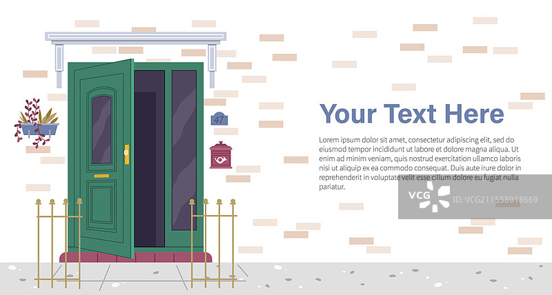 房屋外立面的门口。街道上的正面视图。封闭的家居入口外观，配有盆栽花卉、灯具和门牌。门廊外立面。公寓入口带有绿色装饰。房屋外立面的门口。街道上的正面视图。封闭的家居入口外观，配有盆栽植物。图片素材