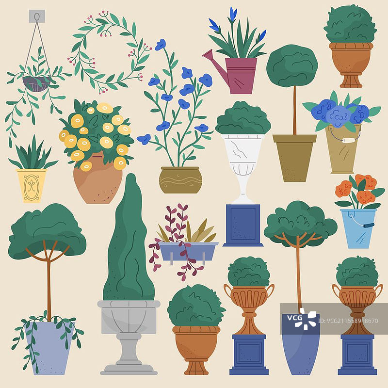 户外盆栽植物、灌木、树木和花卉的矢量集合。独立的园艺设计元素。花卉、盛开的花朵或生长在花盆中的树木、街道花瓶和花盆。装饰性园林植物。图片素材