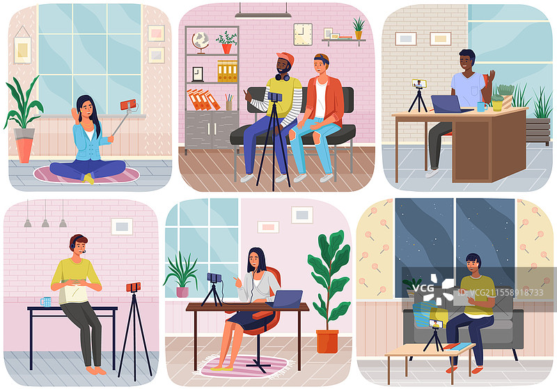 手机放在三脚架上。人们正在直播，使用智能手机进行直播。视频博客录制，男性博主使用手机和三脚架。制作社交媒体发布视频的插图。手机放在三脚架上。人们正在直播，视频博客录制，使用智能手机进行直播。图片素材