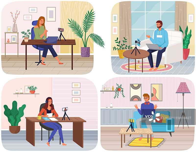 手机放在三脚架上。人们正在直播，使用智能手机进行直播。视频博客录制，女博主使用手机和三脚架。制作社交媒体发布视频的插图。手机放在三脚架上。人们正在直播，视频博客录制，使用智能手机进行直播。图片素材