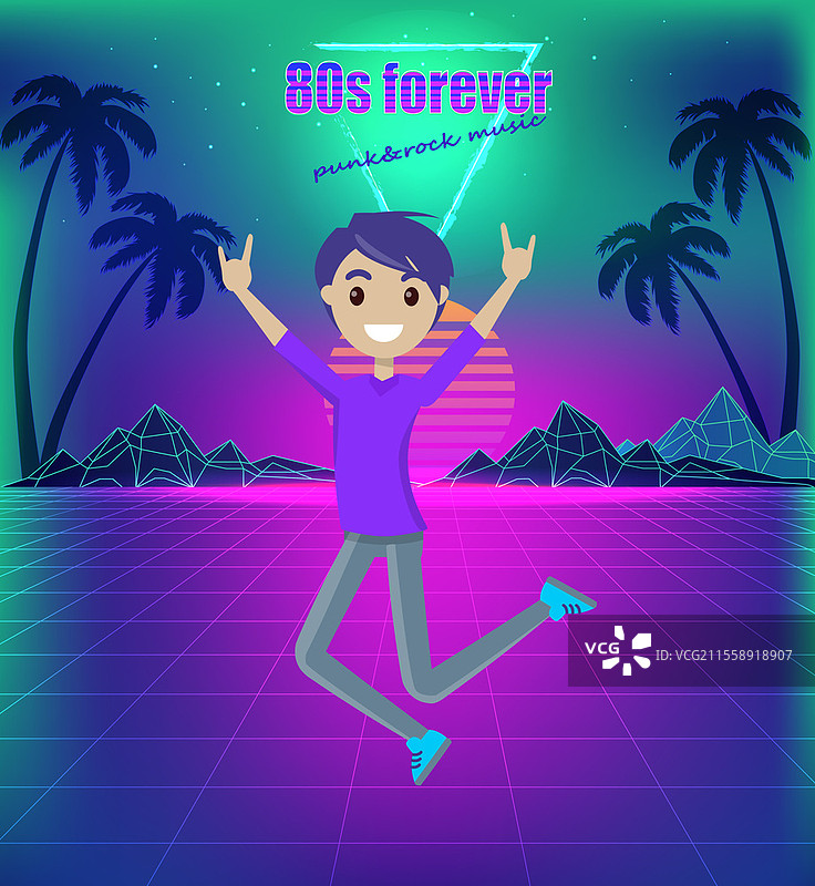 回到80年代。永远年轻，复古海报，快乐的人与棕榈树。让我们去参加80年代的复古派对。矢量插图中，搞笑的人在朋克和摇滚音乐节上快乐地跳跃，双手举起。永远年轻，复古海报，快乐的人欢快地跳跃与棕榈树。让我们去参加80年代的复古派对。图片素材