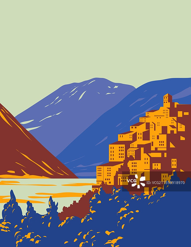 意大利阿布鲁佐大区的阿布鲁佐、拉齐奥和莫利塞国家公园的WPA海报艺术，展示了巴雷亚湖和马尔西卡诺山，采用了工作项目管理或装饰艺术风格。图片素材