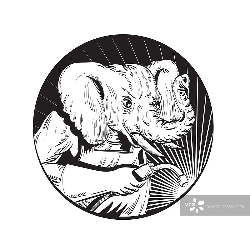 黑白线条画风格的焊工大象插图，侧面视图，焊接火炬置于圆形框内，背景为纯白色。图片素材