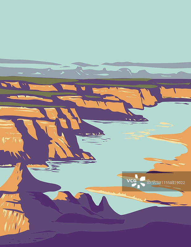 犹他州和亚利桑那州的格伦峡谷国家休闲区的鲍威尔湖WPA海报艺术，采用工作项目管理或装饰艺术风格。格伦峡谷国家休闲区的鲍威尔湖WPA装饰艺术海报。图片素材