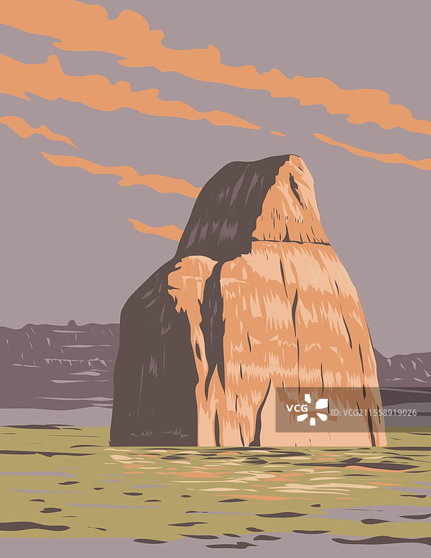 湖泊波威尔地区的孤石海报艺术，位于犹他州凯恩县的格伦峡谷国家休闲区，采用工作项目管理或装饰艺术风格。湖泊波威尔的孤石，格伦峡谷国家休闲区，犹他州WPA装饰艺术海报。图片素材