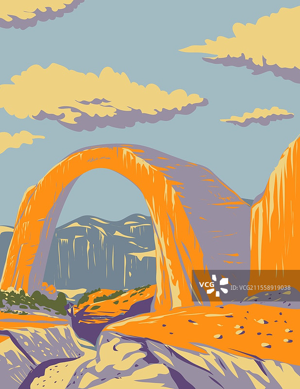 位于犹他州圣胡安县的格伦峡谷国家休闲区的彩虹桥国家纪念碑的WPA海报艺术，采用工作项目管理或装饰艺术风格。图片素材